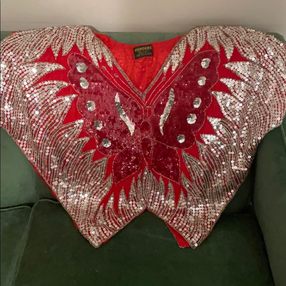 Vintage Red and Silver Sequin 70’s Butterfly Top